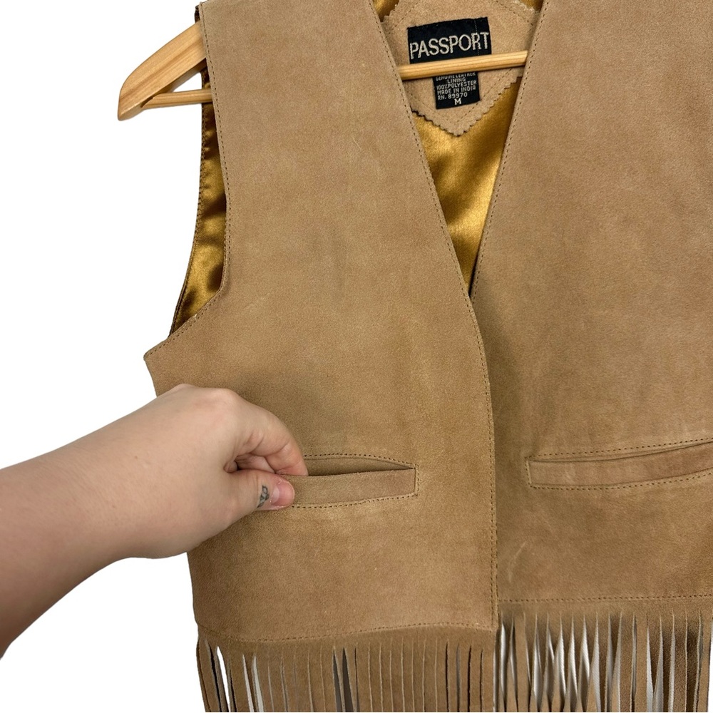 Genuine Leather Suede Boho Western Fringe Open Cropped Vest Tan Festival Rodeo - Picture 4 of 9